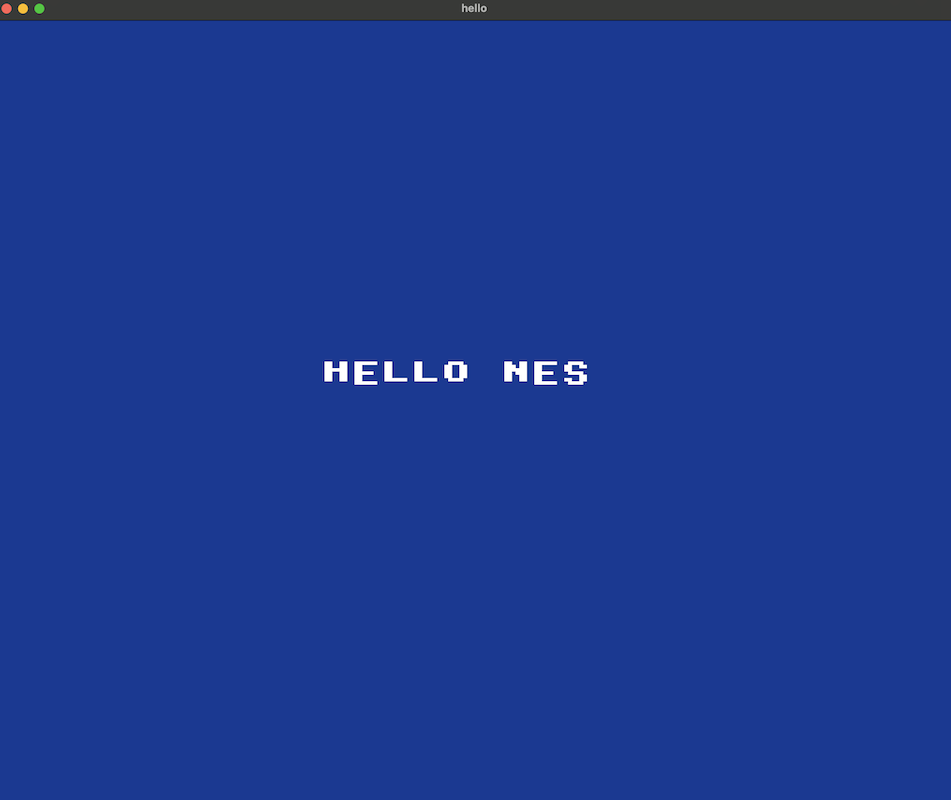 A NES emulator window showing a running ROM. It's a solid blue screen with the text "HELLO NES" at the center.